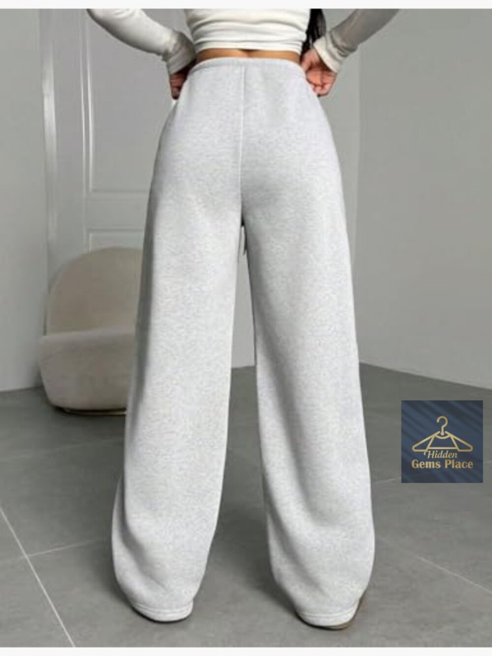 Fleece Lined Wide Leg Sweatpants High Waist with Pockets - Picture 2 of 7